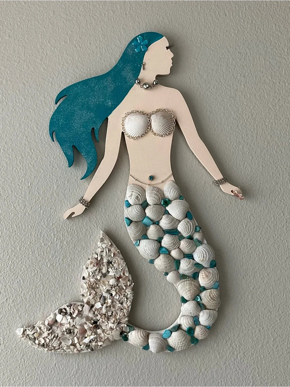 Handcrafted Mermaid Shell Wall Decor in Teal and Cream